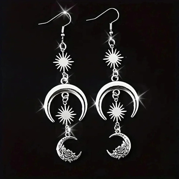 Silvery Sun Moon Flower Design Dangle Earrings - Picture 2 of 4